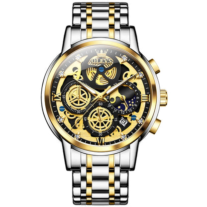 OLEVS 9947 Men Multifunctional Hollow Waterproof Quartz Watch(Black + Gold) - Metal Strap Watches by OLEVS | Online Shopping South Africa | PMC Jewellery