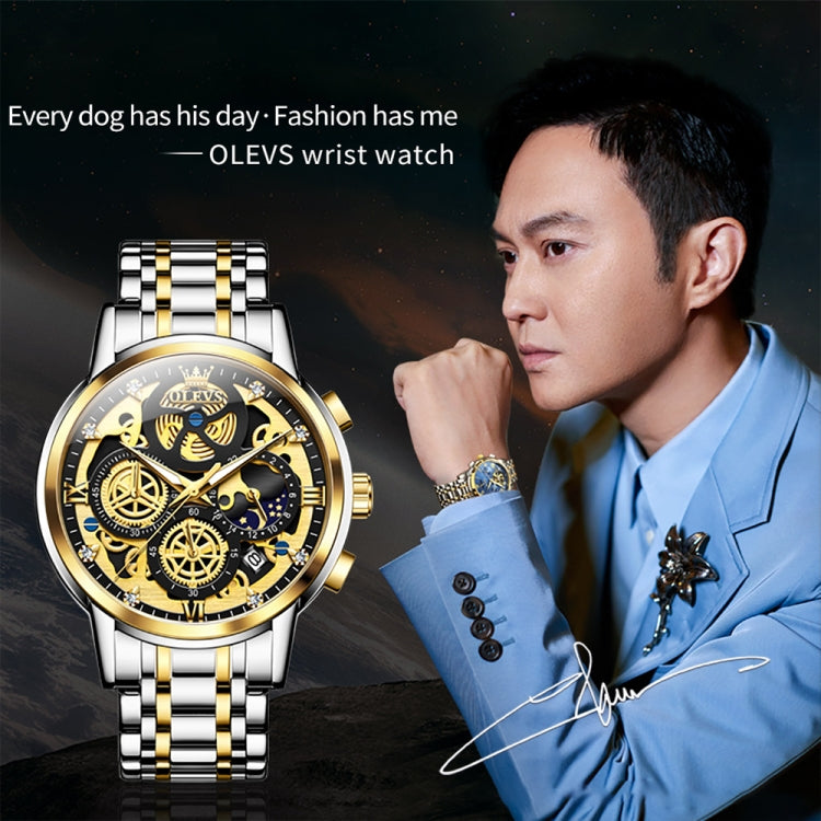 OLEVS 9947 Men Multifunctional Hollow Waterproof Quartz Watch(Black + Gold) - Metal Strap Watches by OLEVS | Online Shopping South Africa | PMC Jewellery