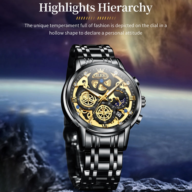OLEVS 9947 Men Multifunctional Hollow Waterproof Quartz Watch(Black) - Metal Strap Watches by OLEVS | Online Shopping South Africa | PMC Jewellery