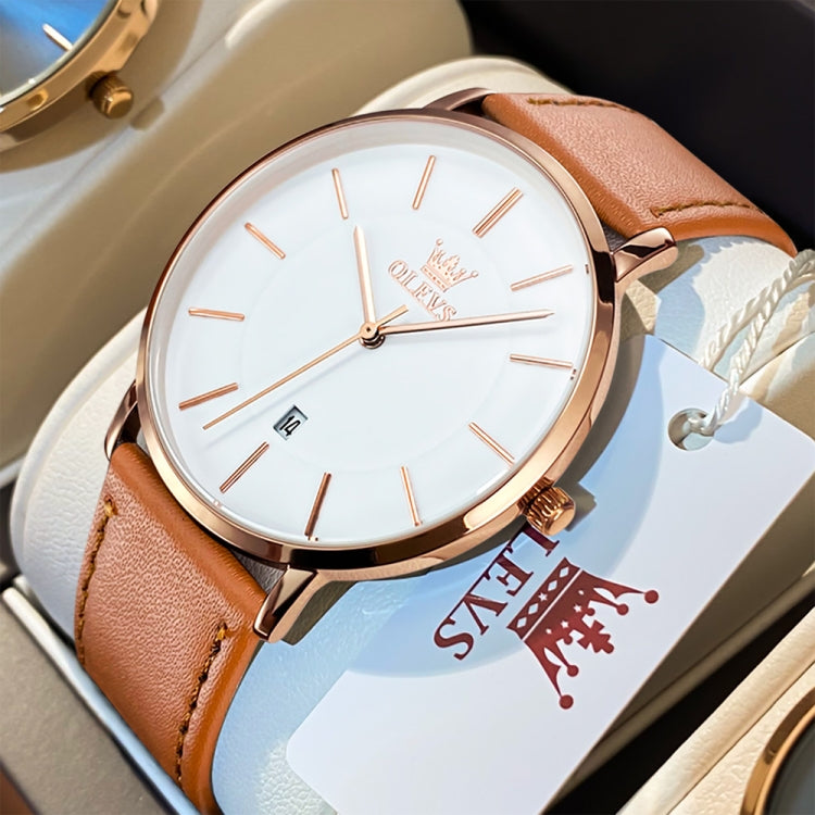 OLEVS 5869 Men Business Waterproof Genuine Leather Strap Quartz Watch(White + Brown) - Leather Strap Watches by OLEVS | Online Shopping South Africa | PMC Jewellery