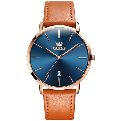 OLEVS 5869 Men Business Waterproof Genuine Leather Strap Quartz Watch(Blue + Brown) - Leather Strap Watches by OLEVS | Online Shopping South Africa | PMC Jewellery