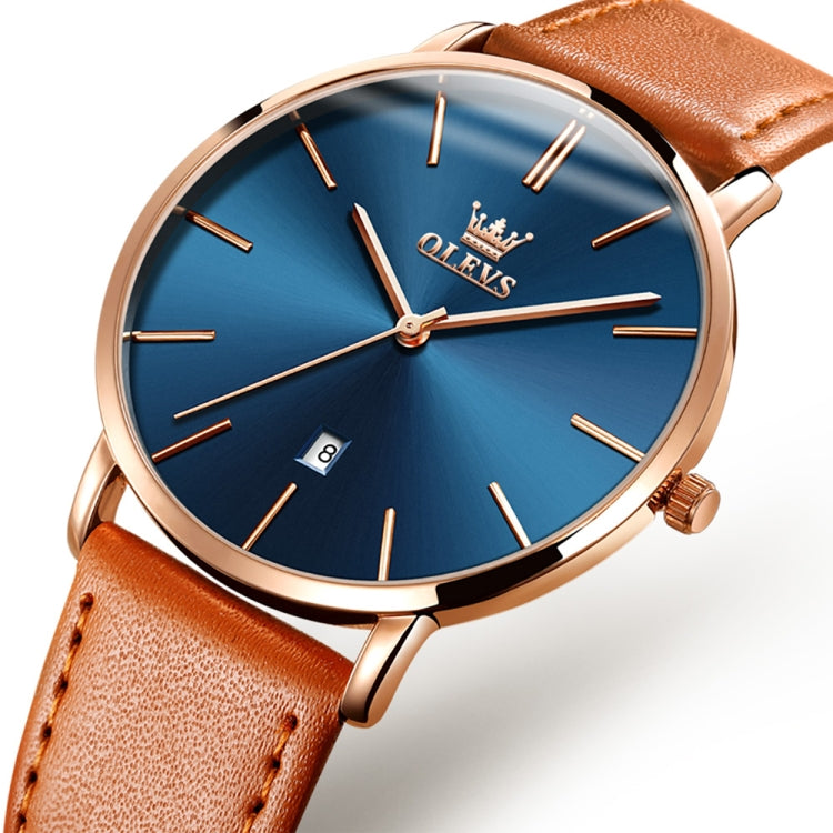 OLEVS 5869 Men Business Waterproof Genuine Leather Strap Quartz Watch(Blue + Brown) - Leather Strap Watches by OLEVS | Online Shopping South Africa | PMC Jewellery