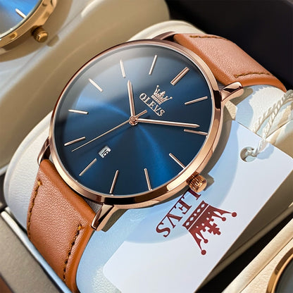 OLEVS 5869 Men Business Waterproof Genuine Leather Strap Quartz Watch(Blue + Brown) - Leather Strap Watches by OLEVS | Online Shopping South Africa | PMC Jewellery