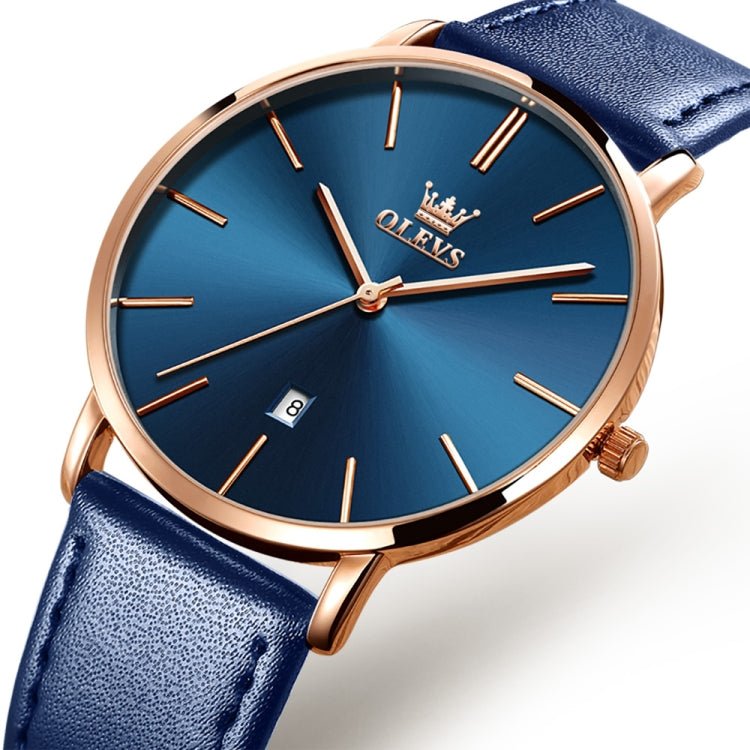 OLEVS 5869 Men Business Waterproof Genuine Leather Strap Quartz Watch(Blue + Blue) - Leather Strap Watches by OLEVS | Online Shopping South Africa | PMC Jewellery