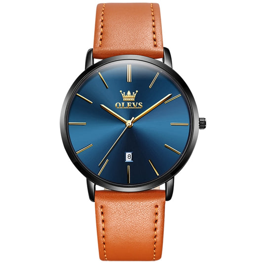 OLEVS 5869 Men Business Waterproof Genuine Leather Strap Quartz Watch(Blue Black Brown) - Leather Strap Watches by OLEVS | Online Shopping South Africa | PMC Jewellery