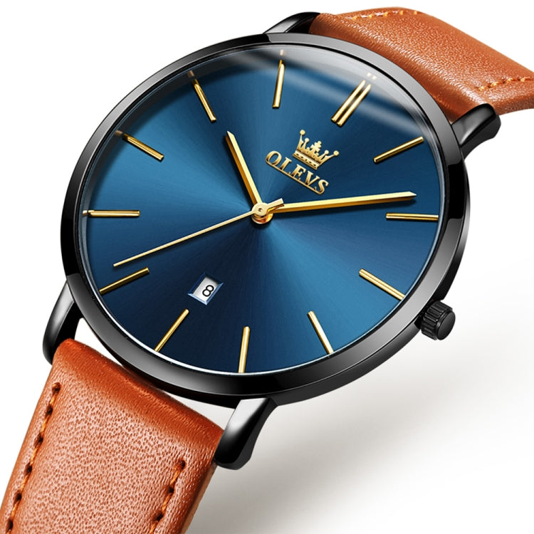 OLEVS 5869 Men Business Waterproof Genuine Leather Strap Quartz Watch(Blue Black Brown) - Leather Strap Watches by OLEVS | Online Shopping South Africa | PMC Jewellery