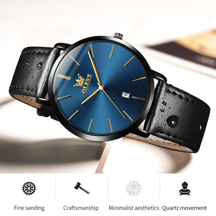 OLEVS 5869 Men Business Waterproof Genuine Leather Strap Quartz Watch(Black + Blue) - Leather Strap Watches by OLEVS | Online Shopping South Africa | PMC Jewellery