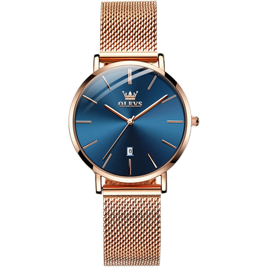 OLEVS 5869 Ladies Business Waterproof Steel Strap Quartz Watch(Blue + Rose Gold) - Metal Strap Watches by OLEVS | Online Shopping South Africa | PMC Jewellery