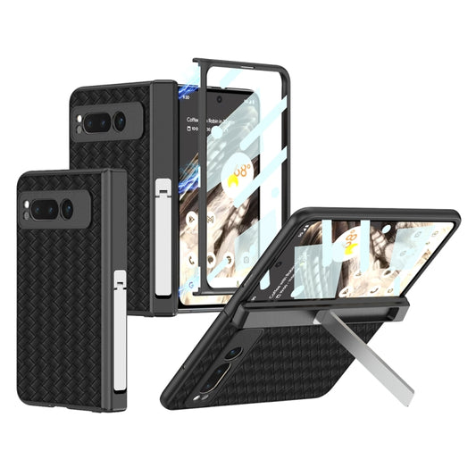 For Google Pixel Fold GKK Integrated Woven Folding Hinge Leather Phone Case with Holder(Black) - Google Cases by GKK | Online Shopping South Africa | PMC Jewellery