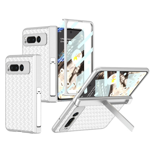 For Google Pixel Fold GKK Integrated Woven Folding Hinge Leather Phone Case with Holder(White) - Google Cases by GKK | Online Shopping South Africa | PMC Jewellery