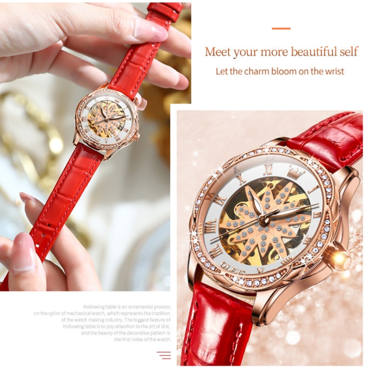 OLEVS 6681 Women Multifunctional Hollow Waterproof Mechanical Watch(White Surface Red Belt) - Leather Strap Watches by OLEVS | Online Shopping South Africa | PMC Jewellery