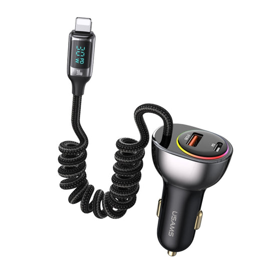 USAMS US-CC193 C37 60W Type-C+USB Dual Port Car Charger with Digital Display 30W 8 Pin Spring Data Cable(Tarnish) - Car Charger by USAMS | Online Shopping South Africa | PMC Jewellery