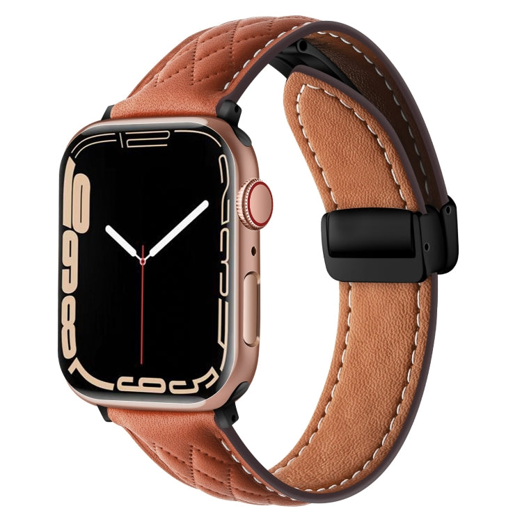 For Apple Watch SE 40mm Folding Buckle Rhombus Leather Watch Band(Brown) - Watch Bands by PMC Jewellery | Online Shopping South Africa | PMC Jewellery