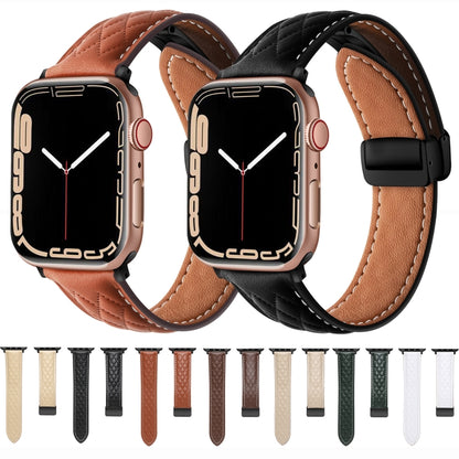 For Apple Watch 7 45mm Folding Buckle Rhombus Leather Watch Band(Brown) - Watch Bands by PMC Jewellery | Online Shopping South Africa | PMC Jewellery