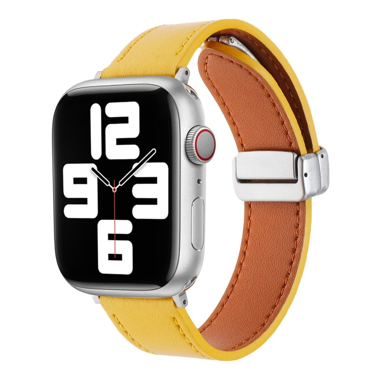 For Apple Watch SE 2022 44mm Magnetic Buckle Skin Feel Leather Watch Band(Yellow) - Watch Bands by PMC Jewellery | Online Shopping South Africa | PMC Jewellery