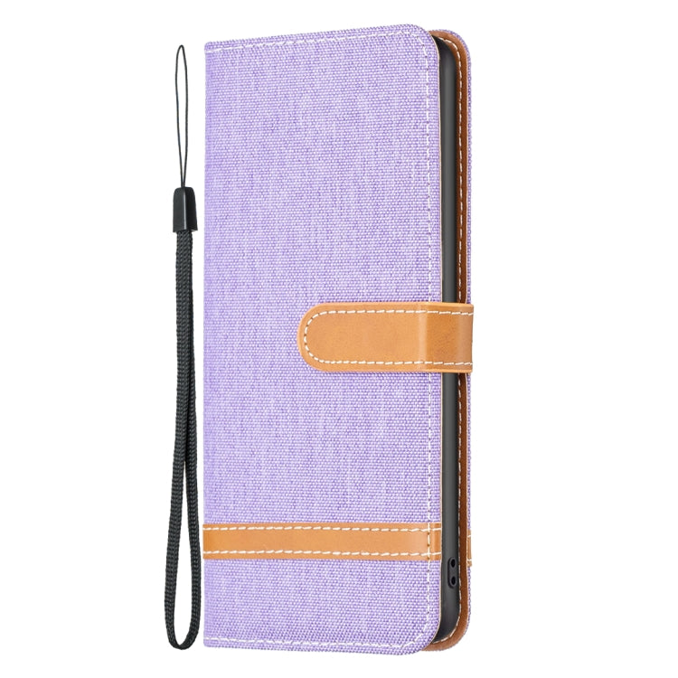 For iPhone 15 Color Block Denim Texture Leather Phone Case(Purple) - iPhone 15 Cases by PMC Jewellery | Online Shopping South Africa | PMC Jewellery