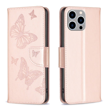 For iPhone 15 Pro Max Embossing Two Butterflies Pattern Leather Phone Case(Rose Gold) - iPhone 15 Pro Cases by PMC Jewellery | Online Shopping South Africa | PMC Jewellery