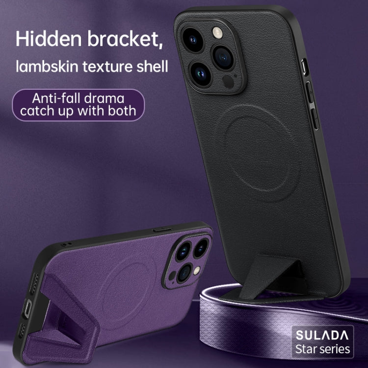 For iPhone 14 Pro Max SULADA Folding Holder Lambskin Texture MagSafe Phone Case(Purple) - iPhone 14 Pro Max Cases by SULADA | Online Shopping South Africa | PMC Jewellery