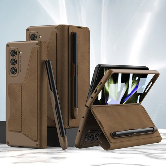 For Samsung Galaxy Z Fold5 5G GKK Screen Tempered Glass Film Armor Flip Leather Case with Pen Slot(Brown) - Galaxy Z Fold5 Cases by GKK | Online Shopping South Africa | PMC Jewellery