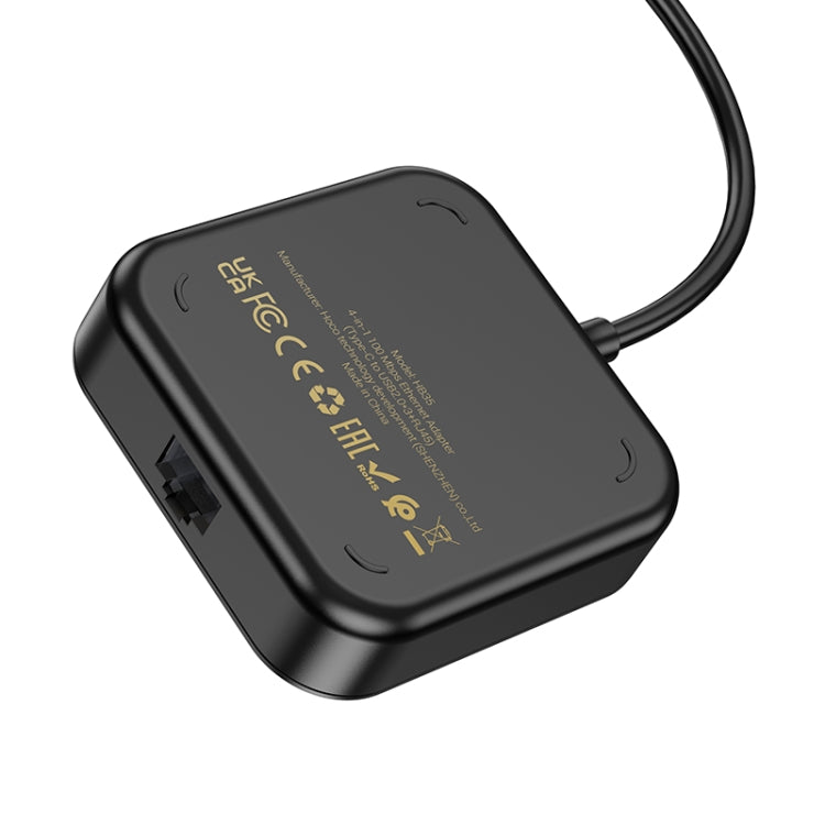 hoco HB35 4 in 1 USB-C / Type-C to USB2.0x3+RJ45 100M Ethernet Adapter, Cable Length: 0.2m(Black) - USB Network Adapter by hoco | Online Shopping South Africa | PMC Jewellery