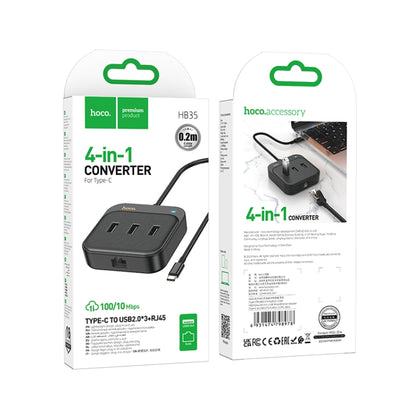 hoco HB35 4 in 1 USB-C / Type-C to USB2.0x3+RJ45 100M Ethernet Adapter, Cable Length: 0.2m(Black) - USB Network Adapter by hoco | Online Shopping South Africa | PMC Jewellery