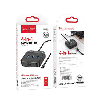 hoco HB35 4 in 1 USB-C / Type-C to USB3.0x3+RJ45 Gigabit Ethernet Adapter, Cable Length: 0.2m(Black) - USB Network Adapter by hoco | Online Shopping South Africa | PMC Jewellery