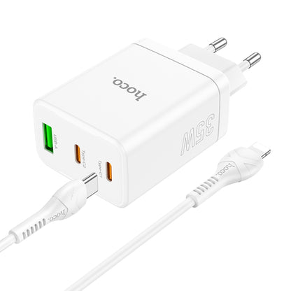 hoco N33 Start PD35W Dual Type-C + USB Charger with Type-C to 8 Pin Cable, EU Plug(White) - USB Charger by hoco | Online Shopping South Africa | PMC Jewellery