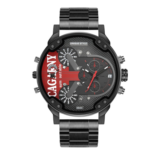 CAGARNY 6820 Men Dual Movement Red Face Steel Strap Quartz Watch(Black) - Metal Strap Watches by CAGARNY | Online Shopping South Africa | PMC Jewellery