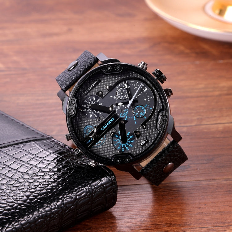 CAGARNY 6820 Men Dual Movement Blue Face Leather Strap Quartz Watch(Black) - Leather Strap Watches by CAGARNY | Online Shopping South Africa | PMC Jewellery