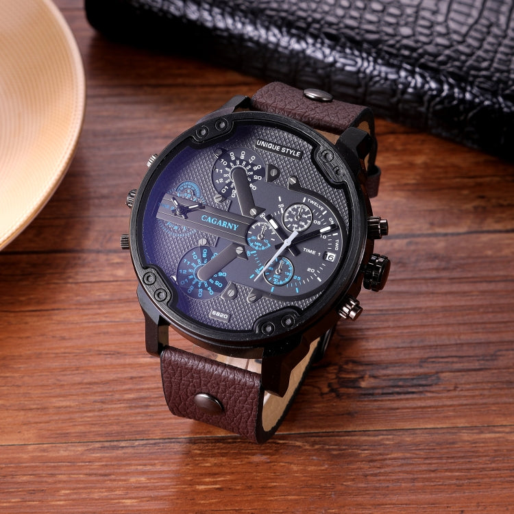 CAGARNY 6820 Men Dual Movement Blue Face Leather Strap Quartz Watch(Brown) - Leather Strap Watches by CAGARNY | Online Shopping South Africa | PMC Jewellery