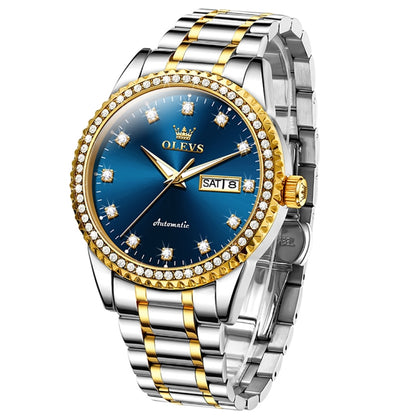 OLEVS 7003 Men Multifunctional Waterproof Mechanical Watch(Gold + Blue) - Metal Strap Watches by OLEVS | Online Shopping South Africa | PMC Jewellery