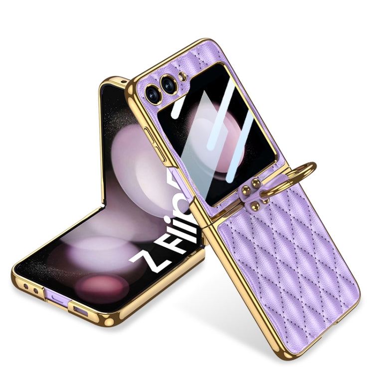 For Samsung Galaxy Z Flip5 GKK Integrated Plating Diamond Texture PU Phone Case with Ring(Purple) - Galaxy Z Flip5 Cases by GKK | Online Shopping South Africa | PMC Jewellery