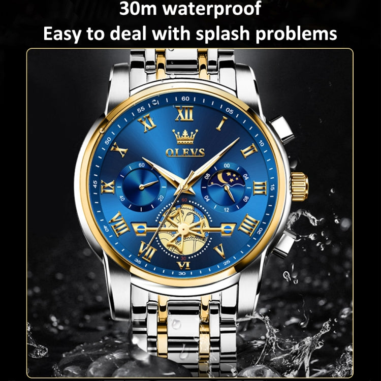 OLEVS 2859 Men Multifunctional Luminous Waterproof Quartz Watch(Blue + Gold) - Metal Strap Watches by OLEVS | Online Shopping South Africa | PMC Jewellery