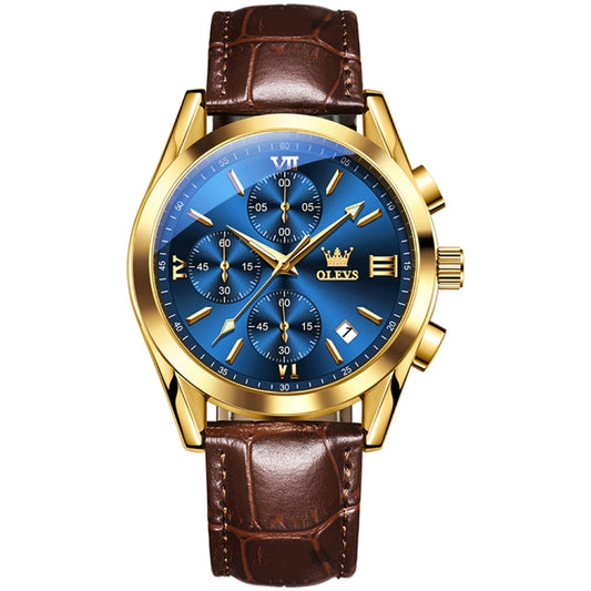 OLEVS 2872 Men Three Eyes Six Needles Chronograph Waterproof Quartz Watch(Blue + Gold) - Leather Strap Watches by OLEVS | Online Shopping South Africa | PMC Jewellery