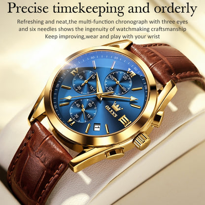 OLEVS 2872 Men Three Eyes Six Needles Chronograph Waterproof Quartz Watch(Blue + Gold) - Leather Strap Watches by OLEVS | Online Shopping South Africa | PMC Jewellery