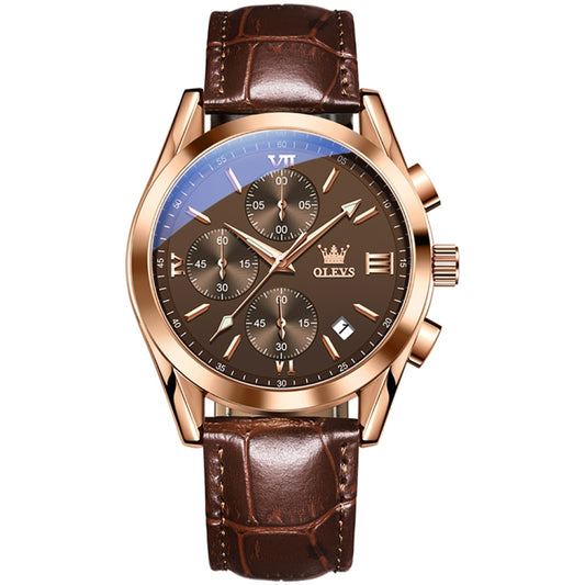OLEVS 2872 Men Three Eyes Six Needles Chronograph Waterproof Quartz Watch(Coffee + Rose Gold) - Leather Strap Watches by OLEVS | Online Shopping South Africa | PMC Jewellery