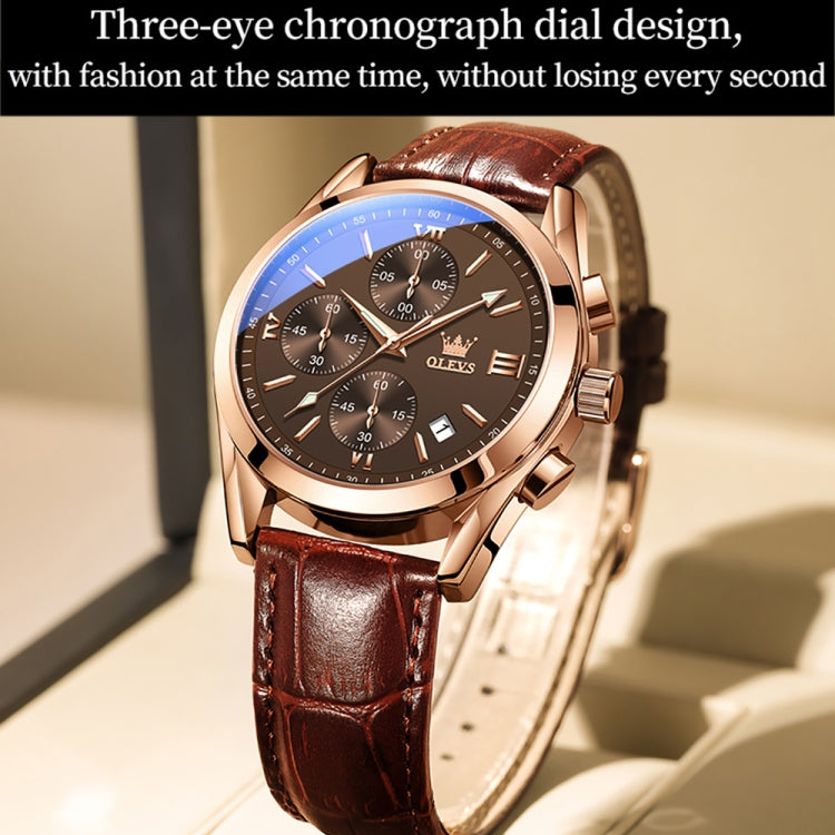 OLEVS 2872 Men Three Eyes Six Needles Chronograph Waterproof Quartz Watch(Coffee + Rose Gold) - Leather Strap Watches by OLEVS | Online Shopping South Africa | PMC Jewellery