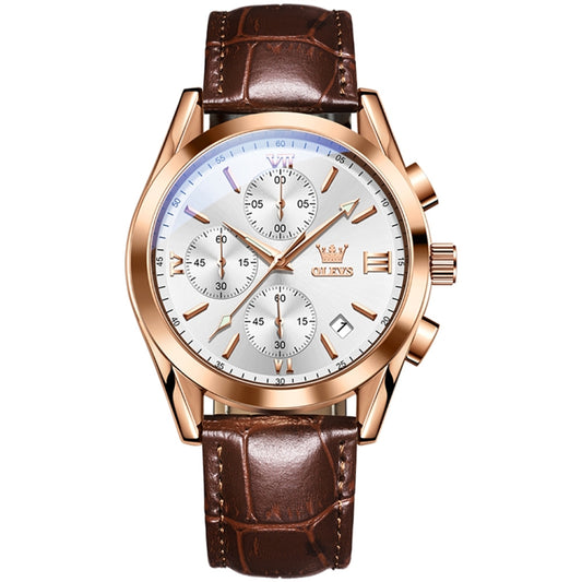 OLEVS 2872 Men Three Eyes Six Needles Chronograph Waterproof Quartz Watch(White + Rose Gold) - Leather Strap Watches by OLEVS | Online Shopping South Africa | PMC Jewellery