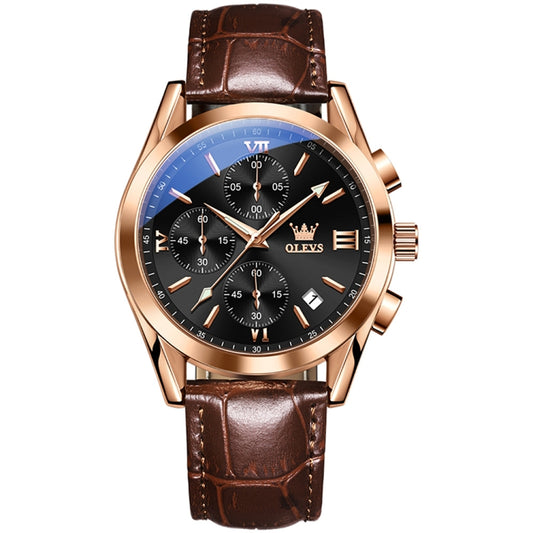 OLEVS 2872 Men Three Eyes Six Needles Chronograph Waterproof Quartz Watch(Black + Rose Gold) - Leather Strap Watches by OLEVS | Online Shopping South Africa | PMC Jewellery