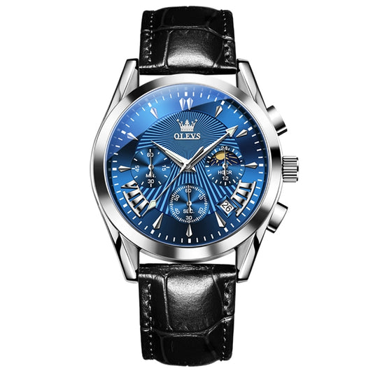 OLEVS 2876 Men Multifunctional Sports Chronograph Quartz Watch(Blue) - Leather Strap Watches by OLEVS | Online Shopping South Africa | PMC Jewellery
