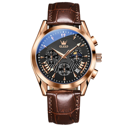 OLEVS 2876 Men Multifunctional Sports Chronograph Quartz Watch(Black + Rose Gold) - Leather Strap Watches by OLEVS | Online Shopping South Africa | PMC Jewellery