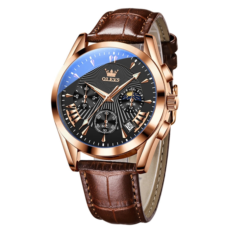 OLEVS 2876 Men Multifunctional Sports Chronograph Quartz Watch(Black + Rose Gold) - Leather Strap Watches by OLEVS | Online Shopping South Africa | PMC Jewellery