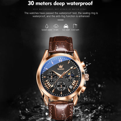 OLEVS 2876 Men Multifunctional Sports Chronograph Quartz Watch(Black + Rose Gold) - Leather Strap Watches by OLEVS | Online Shopping South Africa | PMC Jewellery