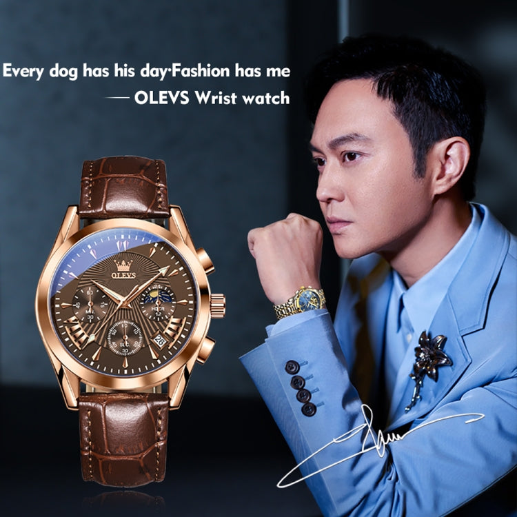 OLEVS 2876 Men Multifunctional Sports Chronograph Quartz Watch(Coffee + Rose Gold) - Leather Strap Watches by OLEVS | Online Shopping South Africa | PMC Jewellery | Buy Now Pay Later Mobicred