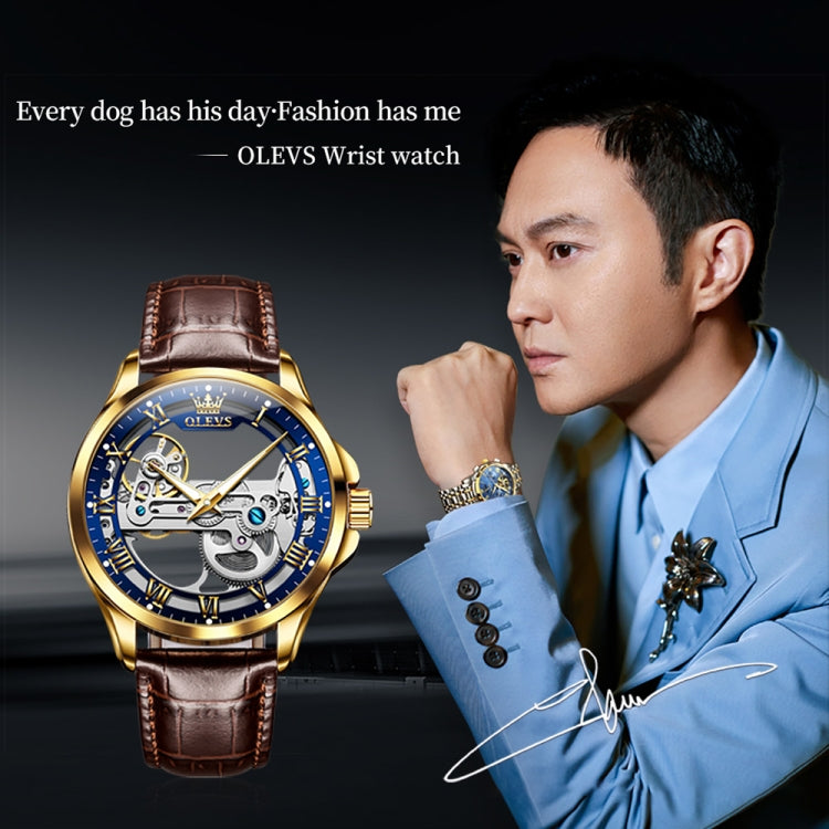 OLEVS 6661 Men Fashion Luminous Waterproof Mechanical Watch(Blue + Gold) - Leather Strap Watches by OLEVS | Online Shopping South Africa | PMC Jewellery