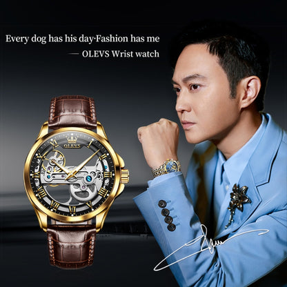 OLEVS 6661 Men Fashion Luminous Waterproof Mechanical Watch(Black + Gold) - Leather Strap Watches by OLEVS | Online Shopping South Africa | PMC Jewellery