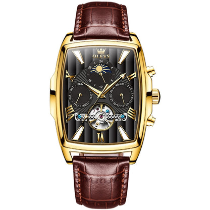 OLEVS 6675 Men Multifunctional Moon Phase Tourbillon Mechanical Watch(Black + Gold) - Leather Strap Watches by OLEVS | Online Shopping South Africa | PMC Jewellery