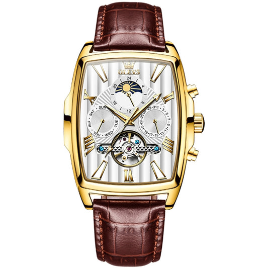 OLEVS 6675 Men Multifunctional Moon Phase Tourbillon Mechanical Watch(White + Gold) - Leather Strap Watches by OLEVS | Online Shopping South Africa | PMC Jewellery