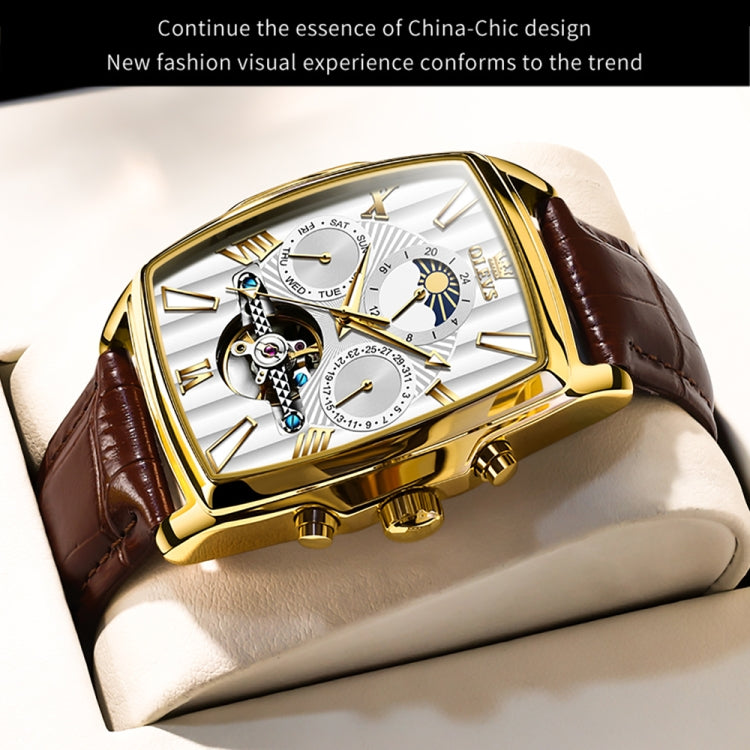 OLEVS 6675 Men Multifunctional Moon Phase Tourbillon Mechanical Watch(White + Gold) - Leather Strap Watches by OLEVS | Online Shopping South Africa | PMC Jewellery