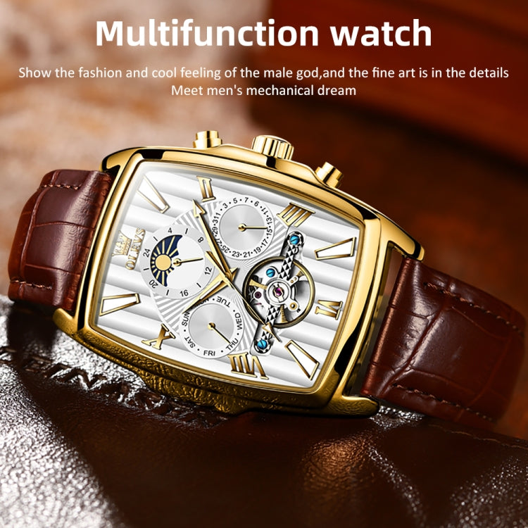 OLEVS 6675 Men Multifunctional Moon Phase Tourbillon Mechanical Watch(White + Gold) - Leather Strap Watches by OLEVS | Online Shopping South Africa | PMC Jewellery